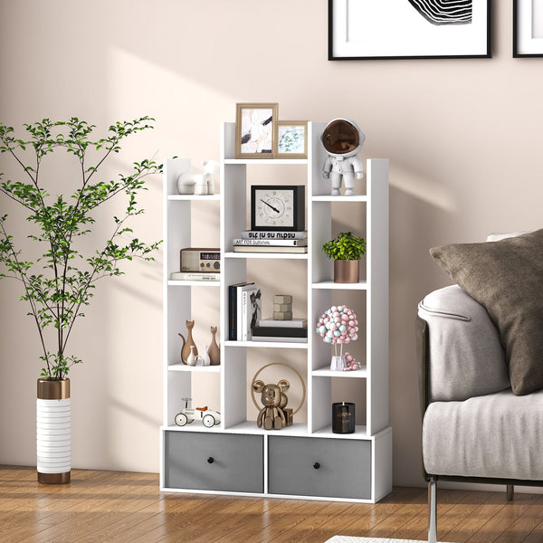 Wooden 12-Tier Bookshelf - Foldable Drawer, Perfect for Study or Living Room, White - Ideal for Organizing Books and Decorative Items