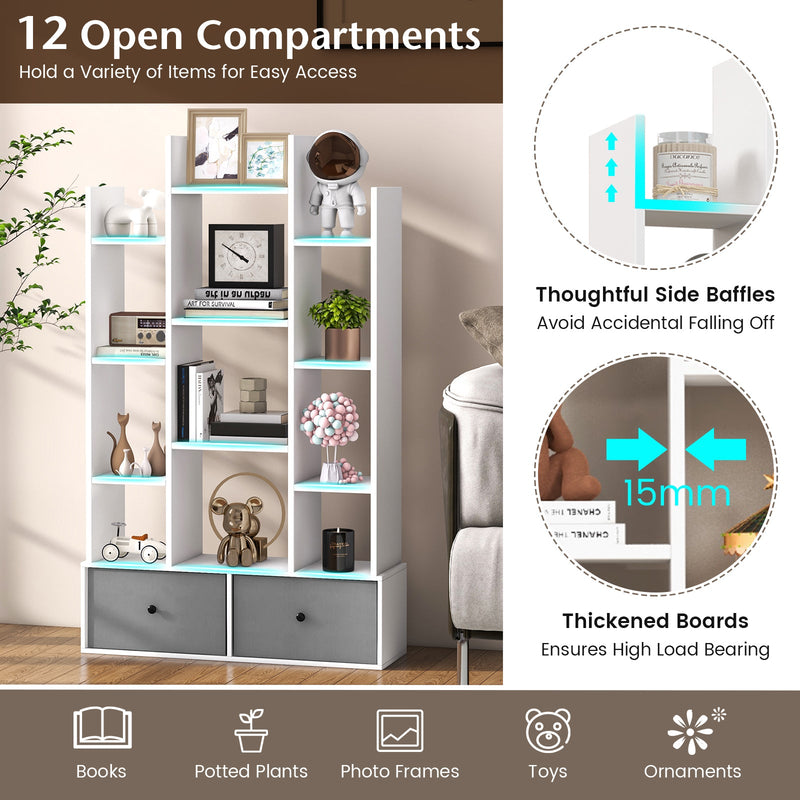Wooden 12-Tier Bookshelf - Foldable Drawer, Perfect for Study or Living Room, White - Ideal for Organizing Books and Decorative Items