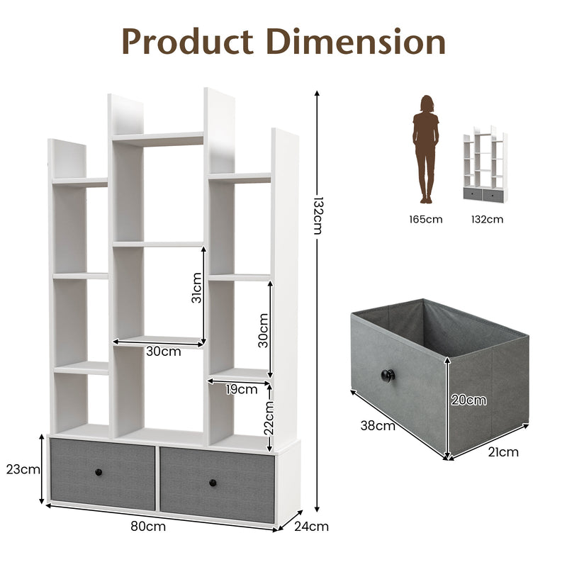 Wooden 12-Tier Bookshelf - Foldable Drawer, Perfect for Study or Living Room, White - Ideal for Organizing Books and Decorative Items