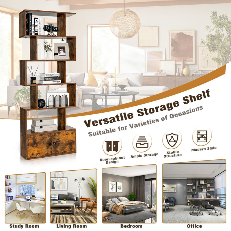 Industrial S-Shaped - 5-tier Bookcase with Cabinet in Black - Ideal Storage Solution for Office or Home Use