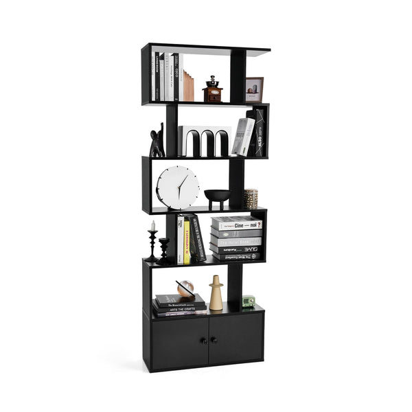 Industrial S-Shaped - 5-tier Bookcase with Cabinet in Black - Ideal Storage Solution for Office or Home Use