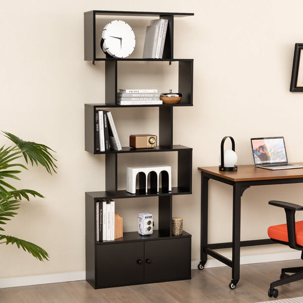 Industrial S-Shaped - 5-tier Bookcase with Cabinet in Black - Ideal Storage Solution for Office or Home Use