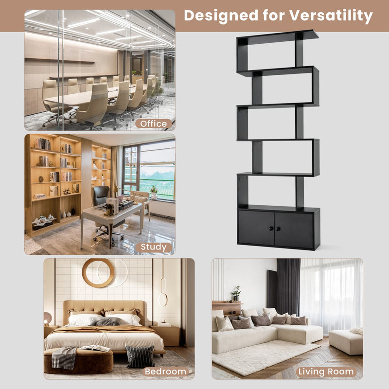 Industrial S-Shaped - 5-tier Bookcase with Cabinet in Black - Ideal Storage Solution for Office or Home Use