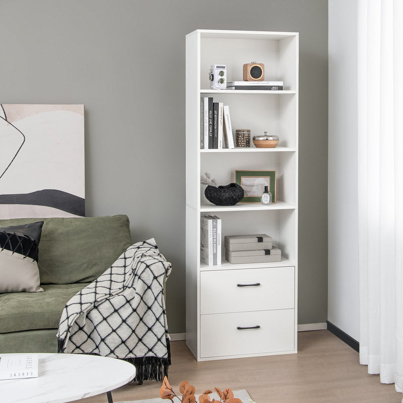 Modern 6-Tier Wooden Bookshelf - 4 Open Shelves and 2 Drawers, Black Design - Ideal for Storing Books and De-cluttering Living Spaces