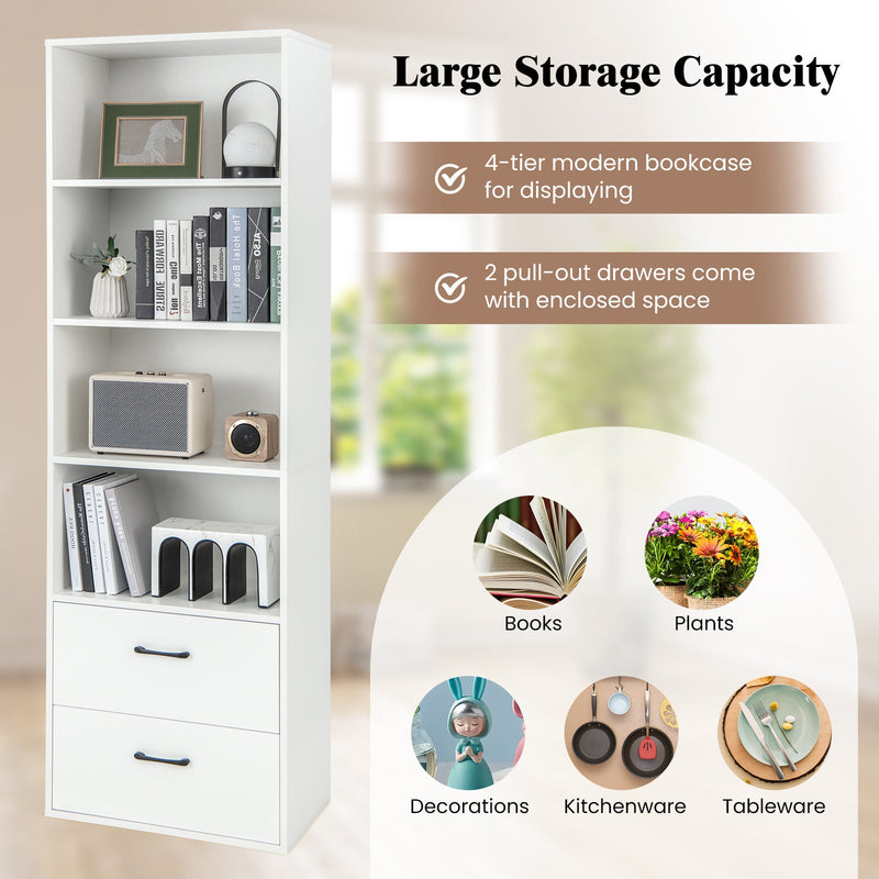 Modern 6-Tier Wooden Bookshelf - 4 Open Shelves and 2 Drawers, Black Design - Ideal for Storing Books and De-cluttering Living Spaces