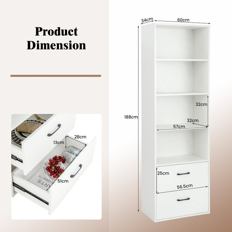 Modern 6-Tier Wooden Bookshelf - 4 Open Shelves and 2 Drawers, Black Design - Ideal for Storing Books and De-cluttering Living Spaces