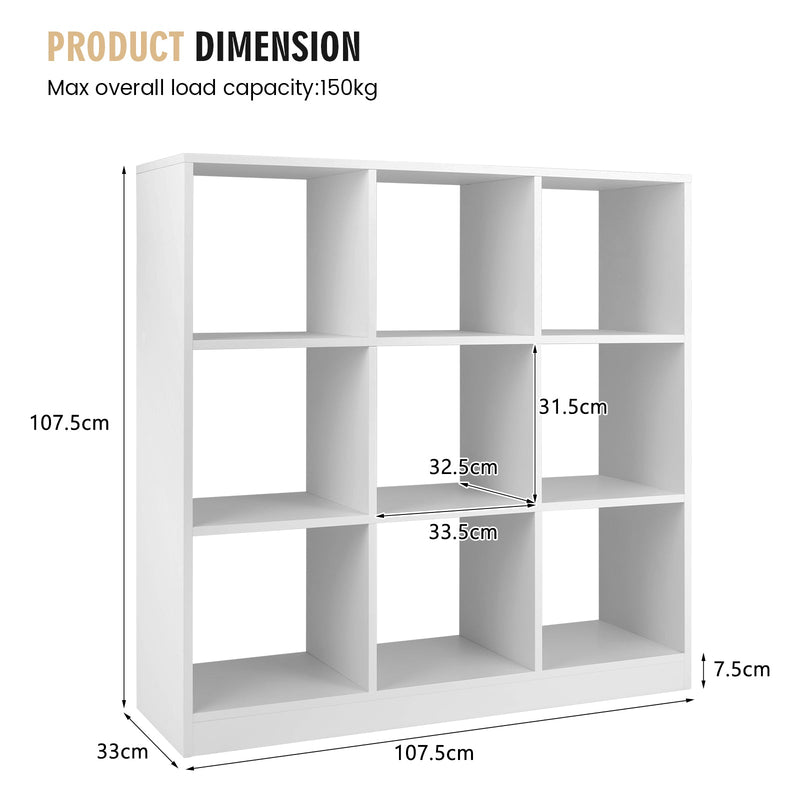 9 Cube Bookcase - Anti-toppling Safe Design, White Finish - Ideal for Kids Playroom and Living Room Decor