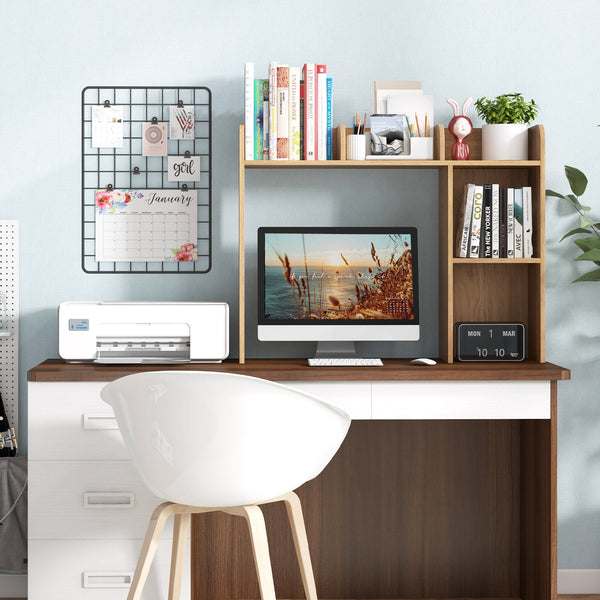 4-Shelf Wooden Desk Bookshelf - Open Back Compartment, Natural Finish - Ideal for Home Office or Study Room Space Saving and Organization