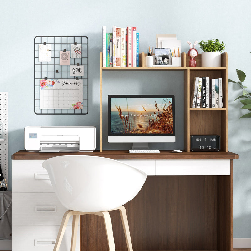 4-Shelf Wooden Desk Bookshelf - Open Back Compartment, Natural Finish - Ideal for Home Office or Study Room Space Saving and Organization