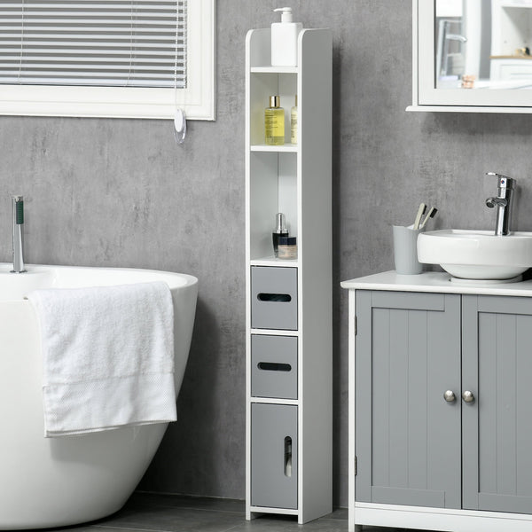 Freestanding Tall Grey Bathroom Storage Cabinet - Modern Design with Open Shelves & 3 Cupboards - Ideal for Bathroom Organization, Bedroom & Hallway Spaces