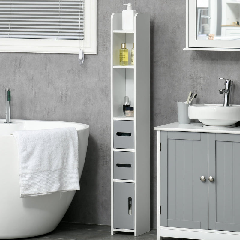 Freestanding Tall Grey Bathroom Storage Cabinet - Modern Design with Open Shelves & 3 Cupboards - Ideal for Bathroom Organization, Bedroom & Hallway Spaces