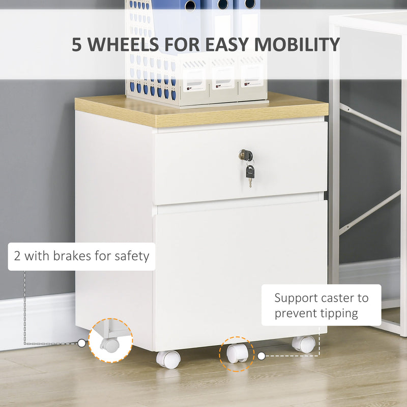 Mobile File Cabinet with 2 Lockable Drawers - A4 Hanging Bars and Smooth-Rolling Wheels for Documents - Ideal for Home Office and Study Storage, White