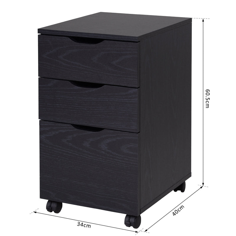 3-Drawer File Cabinet - Under Desk Storage for A4, Letter Documents, and Binders with Slide Wheels in Black Oak - Ideal for Office Organization