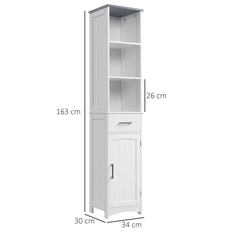 Freestanding Linen Tower Cabinet - 3-Tier Shelf, Cupboard, Drawer & Door Slim Storage Organizer - Ideal for Bathroom & Small Spaces