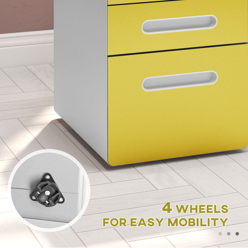 Vinsetto 3 Drawer Filing Cabinet, Steel Lockable File Cabinet with Lock and Wheels, for A4, Letter, Legal Sized Files, Yellow | Aosom UK
