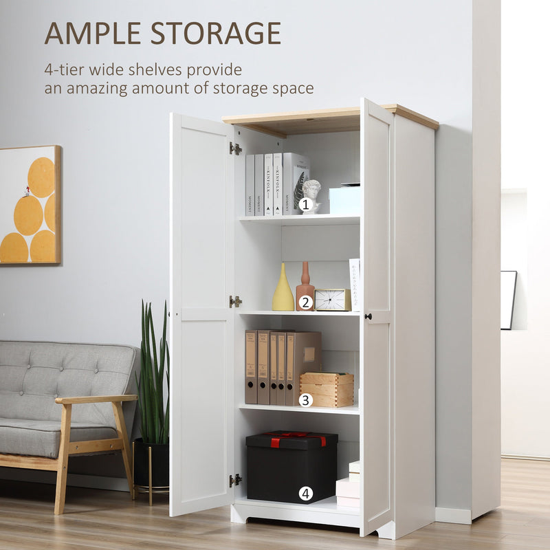 172cm Tall White Wooden Storage Cabinet - Spacious 2-Door Cupboard with 4 Shelves - Ideal Pantry Closet for Home Organization