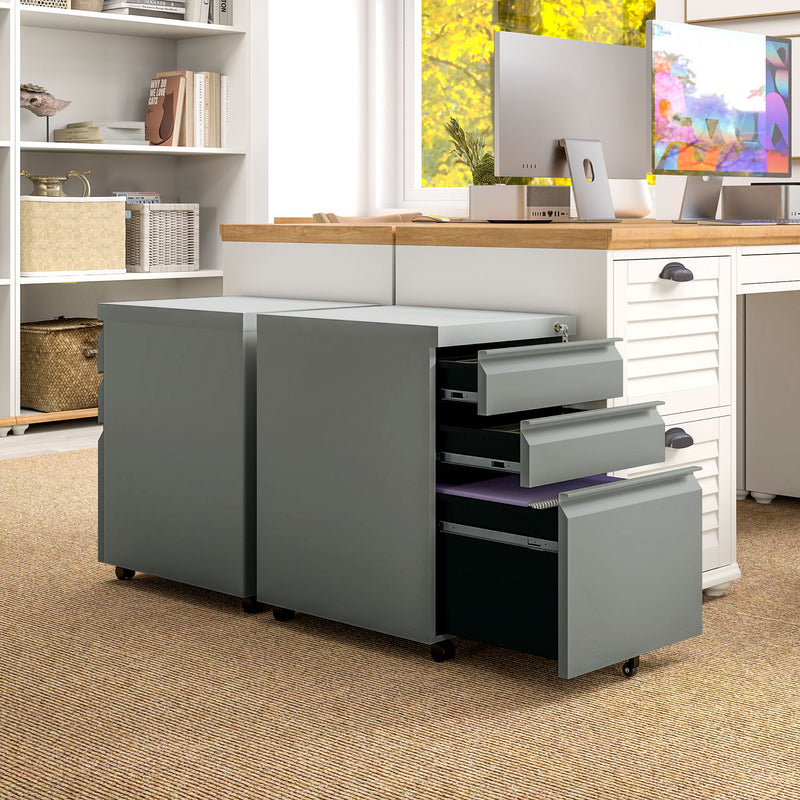 Vinsetto 3 Drawer Filling Cabinet, Mobile Metal File Cabinet with Anti-tilt Design for Letter, A4, Legal Size, Grey | Aosom UK