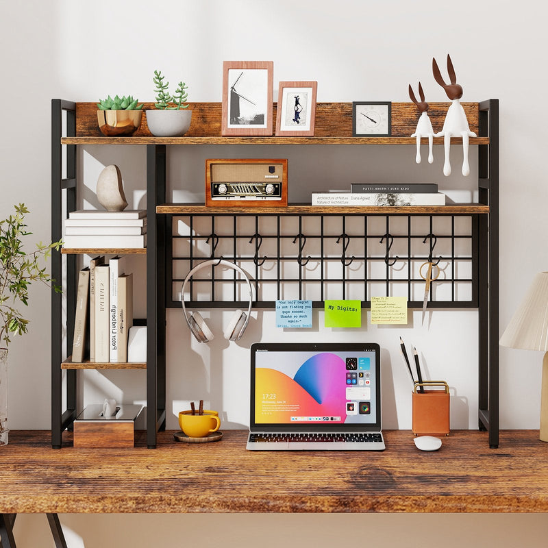 Desktop Bookshelf with 4 Open Storage Shelves for Computer Monitor Up to 32 Inch-