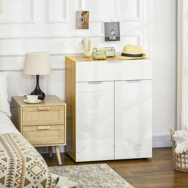 High Gloss White & Natural Sideboard - Sleek Storage Cabinet with Drawer, Door, and Adjustable Shelves - Ideal for Organizing Essentials in Style