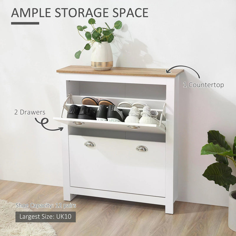 Modern White 2-Drawer Shoe Cabinet - Narrow Hallway Organizer with Flip Doors & Adjustable Shelves - Stores Up to 12 Pairs of Footwear