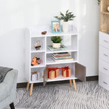 Modern Freestanding Bookcase with 6-Tier Shelves and Cabinet - Chic White Display Storage with Wooden Legs - Ideal for Home Office and Decor Organization