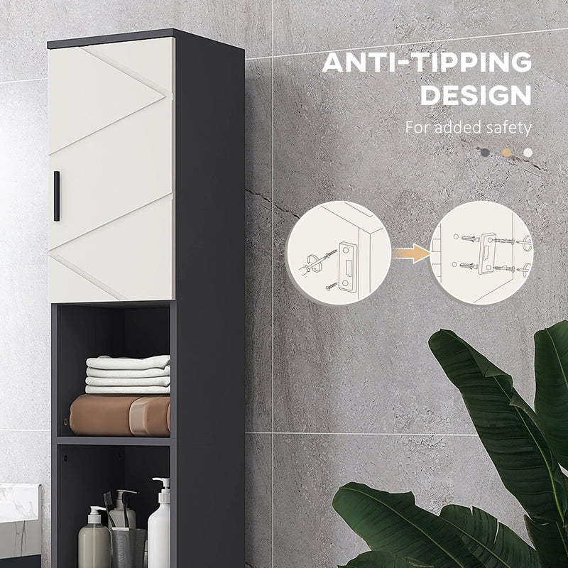 Tall 183cm Bathroom Storage Unit - Narrow Cabinet with Open Shelving and 2 Door Compartments, Adjustable Interior Shelves in Grey - Space-Saving Organizer for Bath Essentials & Linens