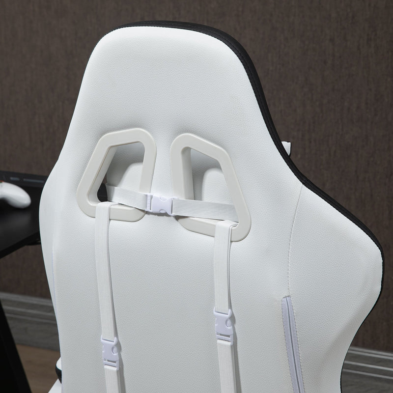 Racing Gaming Chair with 360° Swivel - Reclining PU Leather Computer Chair, Footrest & Removable Headrest in White and Black - Designed for Gamers and Home Office Comfort
