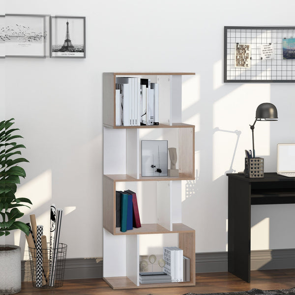 4-Tier Particle Board S-Shaped Bookcase - Modern Storage Display Shelving Unit - Elegant Room Divider for Home or Office Decor