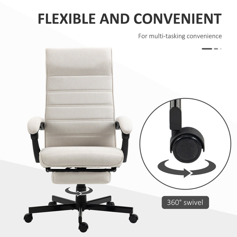 High-Back Linen Executive Chair - Swivel & Reclining Office Furniture with Adjustable Height and Footrest - Comfortable Padded Armrests for Home or Work Spaces in Cream White