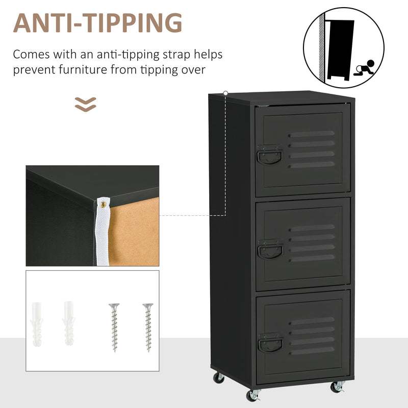 3-Tier Rolling Storage Cabinet - Mobile File Organizer with Wheels and Metal Doors for Home Office or Living Room - Space-Saving Solution for Document and Accessory Storage in Black