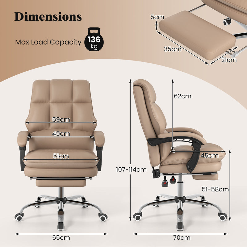 Ergonomic Office Chair PU Leather Adjustable Swivel with Reclining Backrest-Grey