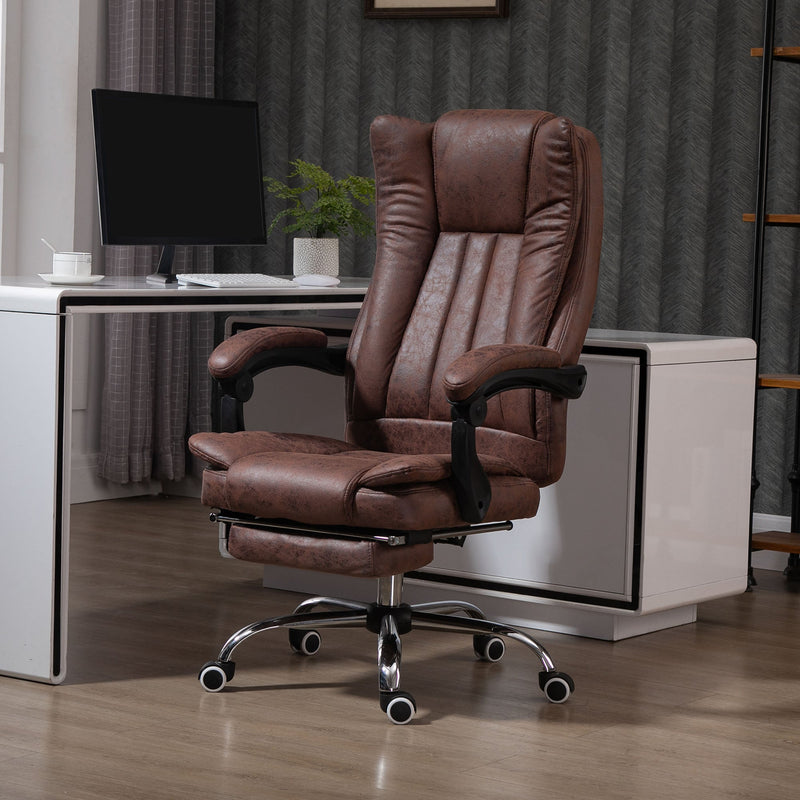 Ergonomic Microfibre Reclining Office Chair with Armrests - Swivel Desk Chair with Wheels and Footrest in Brown - Comfortable Home Office Seating Solution