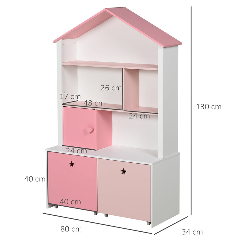 Kids Toy Storage and Bookshelf with Drawer - Rolling Wooden Organizer and Display Stand, 80x34x130cm, Pink - Ideal for Child's Room Organization
