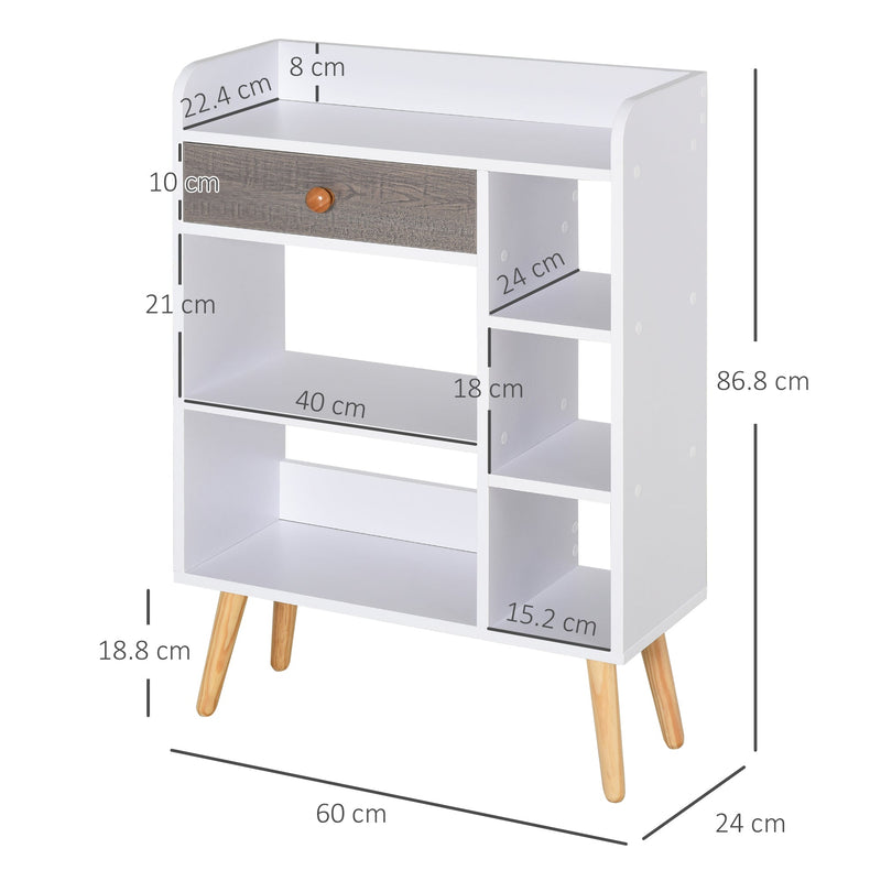 Modern Multi-Shelf Bookcase with Drawer - Freestanding 6-Tier Storage, Wooden Legs, Stylish White & Grey Finish - Ideal for Home Office and Display Décor