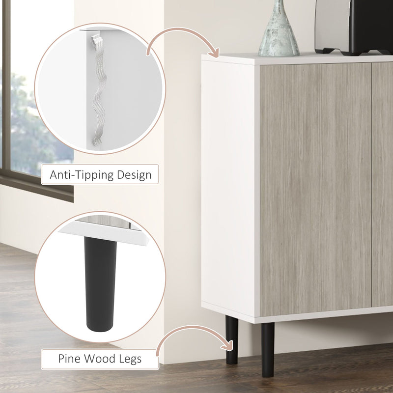 Adjustable Shelved Kitchen Sideboard - 4-Door Living Room Storage Cabinet with Pine Legs - Elegant White Organizer for Home Spaces