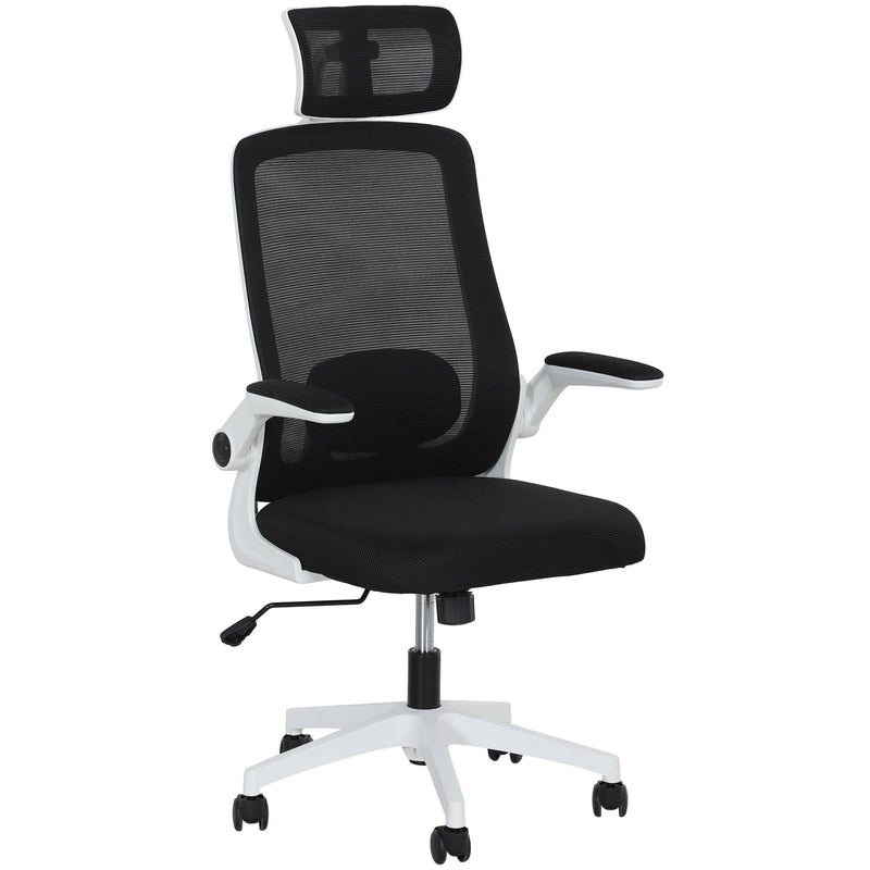 HOMCOM Executive Office Chair, Ergonomic Mesh High Back Desk Chair with Flip-up Armrest, Adjustable Lumbar Support, Rotatable Headrest, Swivel Computer Chair for Home Study, Black