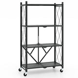 4-Tier Metal Foldable Collapsible Storage Rack with Lockable Wheels-Black