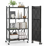 4-Tier Metal Foldable Collapsible Storage Rack with Lockable Wheels-Black