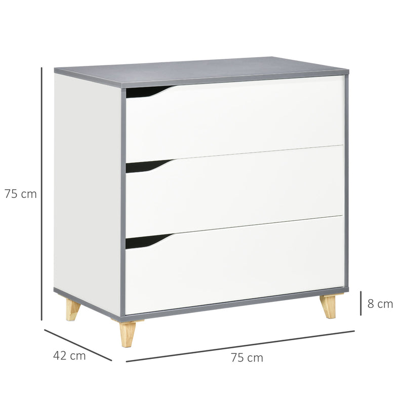 3-Drawer Bedroom Chest - Pine Wood Leg Storage Cabinet for Organizing Essentials - Ideal for Bedroom and Living Room Spaces, White, 75x42x75cm