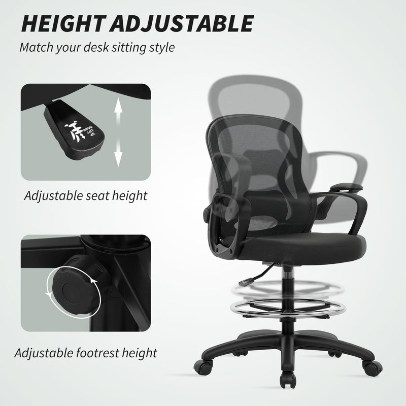 Vinsetto Drafting Chair with Adjustable Footrest, Ergonomic Mesh Office Chair with Lumbar Support, Adjustable Height for Standing Desk, Black