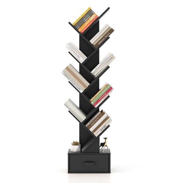 Freestanding Tree Bookshelf with Drawer, 10-Tier - Black Book Storage Display Unit - Ideal for Home and Office Organization