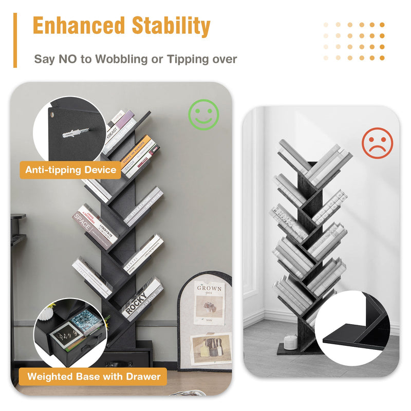 Freestanding Tree Bookshelf with Drawer, 10-Tier - Black Book Storage Display Unit - Ideal for Home and Office Organization