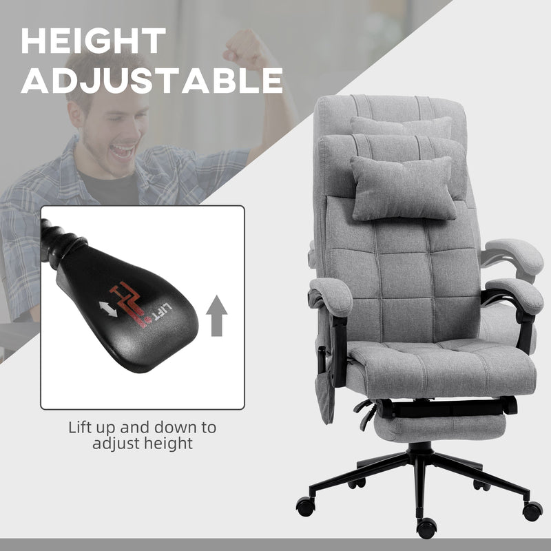Ergonomic Reclining Office Chair with Vibration Massage and Heat - Fabric Desk Chair with Head Pillow, Footrest, and Armrest in Grey - Comfort for Long Hours at Work or Gaming