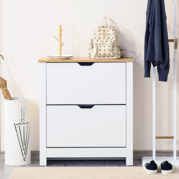 4-Tier Shoe Storage Cabinet - White Organizer with 2 Drawers & 4 Shelves, Durable with Protective Legs - Sleek Design for Hallway or Bedroom Organization
