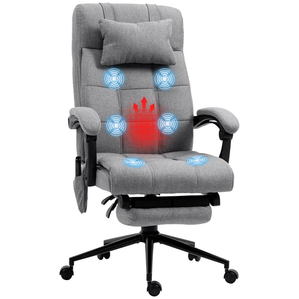 Ergonomic Reclining Office Chair with Vibration Massage and Heat - Fabric Desk Chair with Head Pillow, Footrest, and Armrest in Grey - Comfort for Long Hours at Work or Gaming