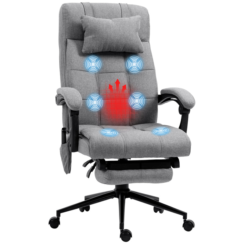 Ergonomic Reclining Office Chair with Vibration Massage and Heat - Fabric Desk Chair with Head Pillow, Footrest, and Armrest in Grey - Comfort for Long Hours at Work or Gaming