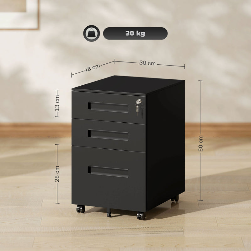 Vinsetto Metal Mobile File Cabinet with Wheels, Lockable 3 Drawer Filing Cabinet for A4, Legal, Letter, Under Desk Office Cabinet with Pre-Assembled Body for Home Office, 39 x 48 x 60 cm, Black