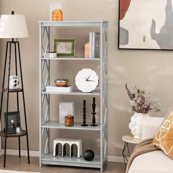 Modern 5-Tier Bookcase - Open Shelving Design in Grey - Perfect for Displaying Books and Decorative Items