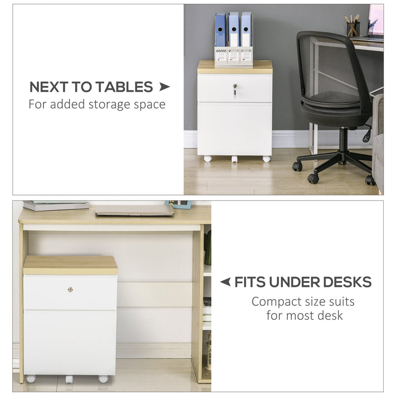 Mobile File Cabinet with 2 Lockable Drawers - A4 Hanging Bars and Smooth-Rolling Wheels for Documents - Ideal for Home Office and Study Storage, White