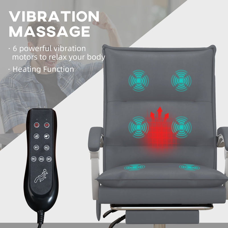 Ergonomic Reclining Office Chair with Vibration Massage and Heat - Faux Leather Desk Chair with Footrest, Armrest, and Plush Double-Tiered Padding, Grey - Comfort for Long Hours at Work